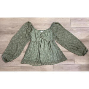 Heyson Womens Small Floral Green Blouse Babydoll L/S Sheer Cottagecore Prarie